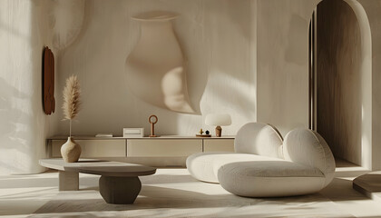 Modern minimalist living room featuring soft furniture and natural light, with decorative elements