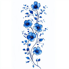 Beautiful Hand-Painted Blue Floral Illustration with Vibrant Petals and Stems

