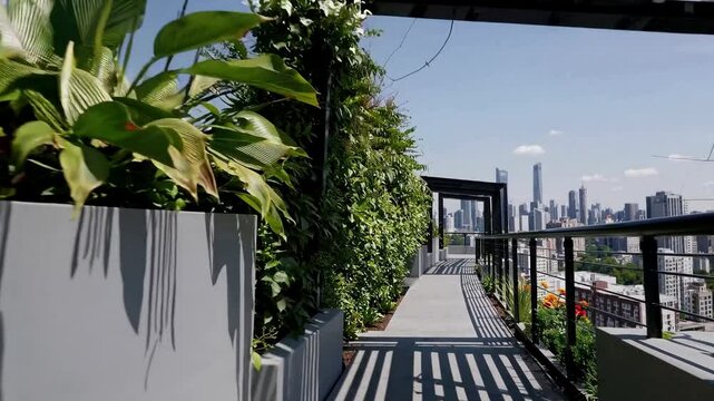 A low-angle cinematic shot tracking along a pathway in a lush rooftop garden, surrounded by a mix of vibrant greenery, blooming flowers, and modern urban design elements.

