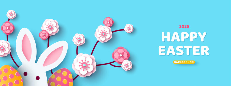 Happy Easter Poster with bunny rabbit silhouette, spring flowers, blooming cherry tree branch, colored egg blue background. Vector illustration. Holiday banner, flyer design template. Place for text