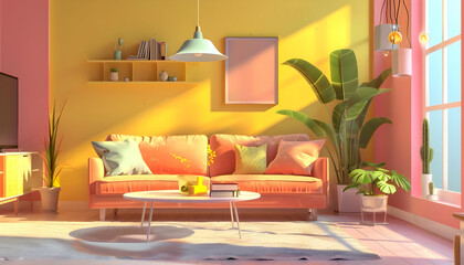 Cozy modern living room with colorful decor, sunlight streaming through windows, plants, and a TV
