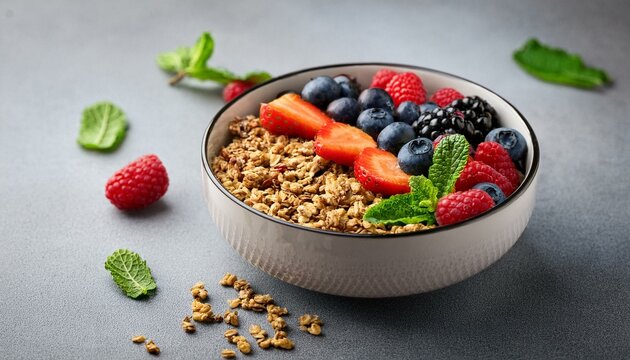 healthy bowl of mixed berries and granola on a gray background with mint leaves