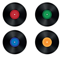 Vector realistic illustration of vinyl record with colorful label on a white background.