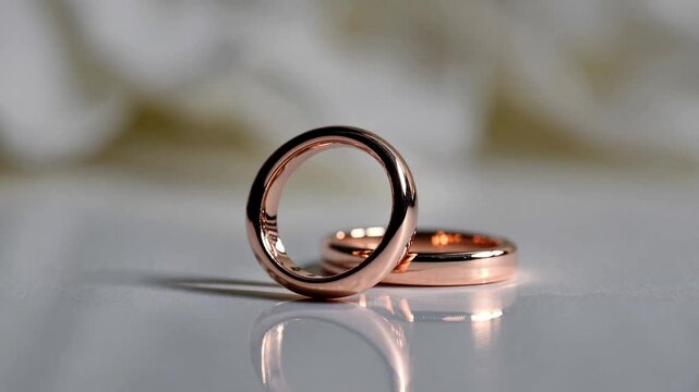 Wedding rings, rose gold, intertwined, delicate floral background, soft white petals, romantic, ethereal, high-key lighting, minimalist composition
