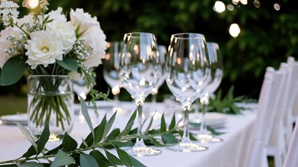 Elegant outdoor wedding reception, long white table setting, delicate floral centerpieces, glass vases with white flowers, greenery accents, crystal wine glasses, romantic atmosphere
