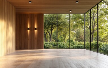 Obraz premium Modern empty room interior with wood paneling on the walls and white walls, a large window with a forest view, parquet flooring,