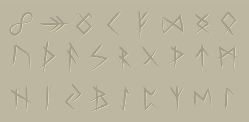 Set of Illustrated Line Art Nordic Runes. Collection of Onyx Carved Nordic Runes