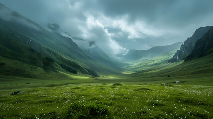 Obraz premium Serene valley landscape under cloudy skies, showcasing lush greenery and distant mountains