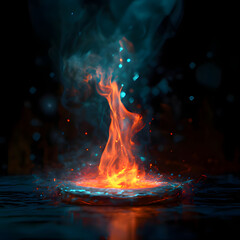 Dynamic flames and vibrant smoke swirl above a mystical water surface in a dark environment. Generative AI