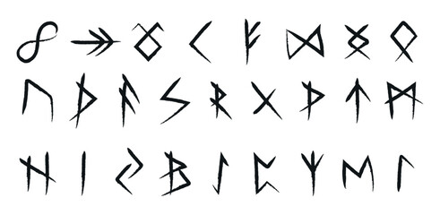 Set of Illustrated Line Art Nordic Runes. Collection of Onyx Carved Nordic Runes