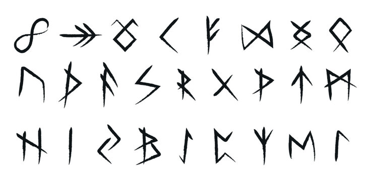 Set of Illustrated Line Art Nordic Runes. Collection of Onyx Carved Nordic Runes