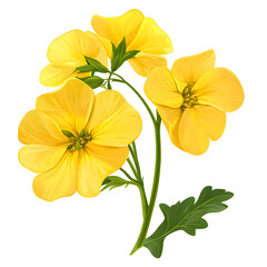 Vibrant yellow flowers with delicate petals grow elegantly on a slender green stem against a white background. Generative AI
