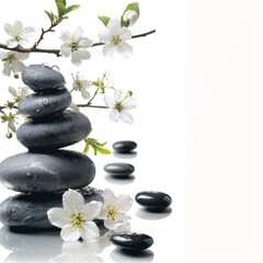 Fototapeta premium Stacked wet spa stones with water drops and white flowers creating a relaxing zen wellness atmosphere