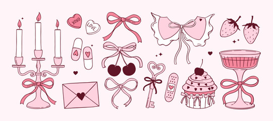 Coquette aesthetic Girly stickers and cliparts in hand drawn Retro style. Pink doodle vector set. Vintage candles, bows, cowgirl boots, Victorian collar, glass of champagne, key, pills, cupcake