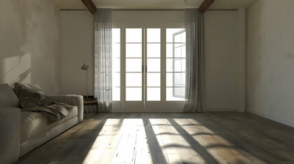 Bright and airy living room with open French doors, soft curtains, and wooden flooring, creating a peaceful atmosphere