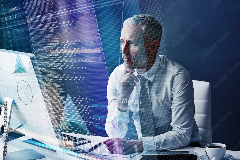 Poster Business man, computer and hologram for programming, code and overlay with futuristic ui at office. Mature person, review and developer with digital transformation for user experience at IT company