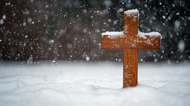 A wooden cross in the snow, close-up shot, bokeh background, copy space concept, high-resolution photography 