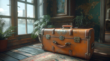 Vintage Leather Suitcase in Rustic Room Aged Brown Trunk with Retro Travel Decor.