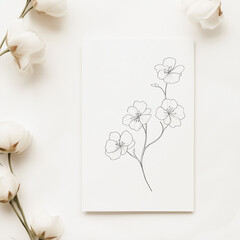 Minimalist floral line drawing with delicate flowers on soft background.
