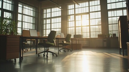Fototapeta premium Modern minimalist office or public area with empty desks and chairs, large windows, and ample copy space, symbolizing workspace demand and professional environment.