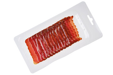 Vacuum-sealed transparent packaging with sliced prosciutto