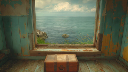 Rustic Cabin with Ocean View Vintage Suitcase and Coastal Seascape Decor.