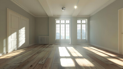 Obraz premium Bright, empty room with wooden floors and sunlight streaming through large windows, creating a serene atmosphere