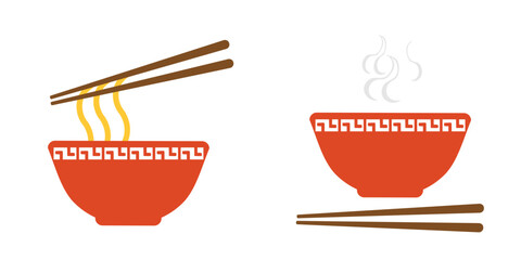 Red bowl, noodle, chopsticks and smoke icon set isolated on white background vector.