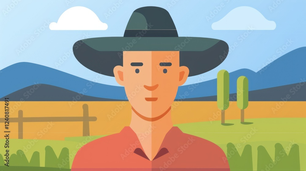 Poster a flat-style farmer character icon with a field background.