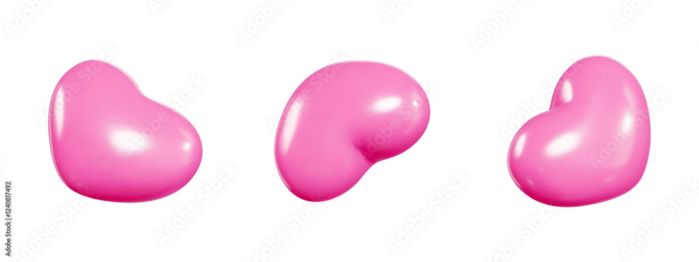 Poster pink heart shaped balloon 3d vector set from different angles with glossy surface and light reflecti