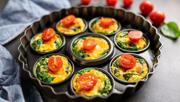 mini omelets with spinach veggies and tomatoes baked in molds for paleo keto diet