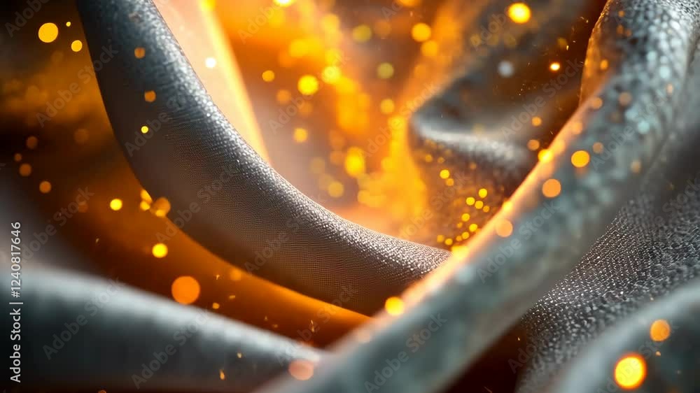 Poster flowing fabric enveloped by glowing orange sparks in dynamic motion sequence
