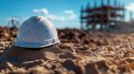White hard hat in the sand at a construction site under a blue sky