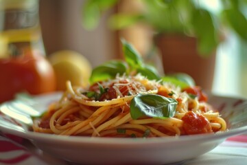 Close up of spaghetti with tomato sauce, basil leaves, and grated cheese, creating an inviting image of italian cuisine