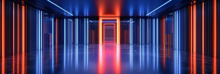Fototapeta premium Glowing Lines in a Dark Corridor, Abstract Background with Blue and Red Neon Lights, 3D Rendering