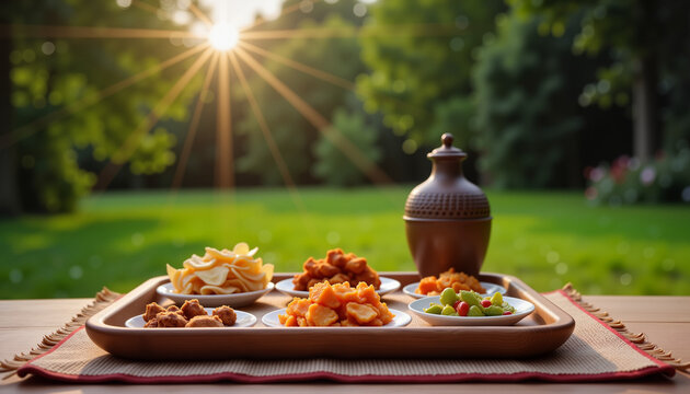 Moonlit halal food tray with vibrant dishes on garden table, Ramadan celebration
