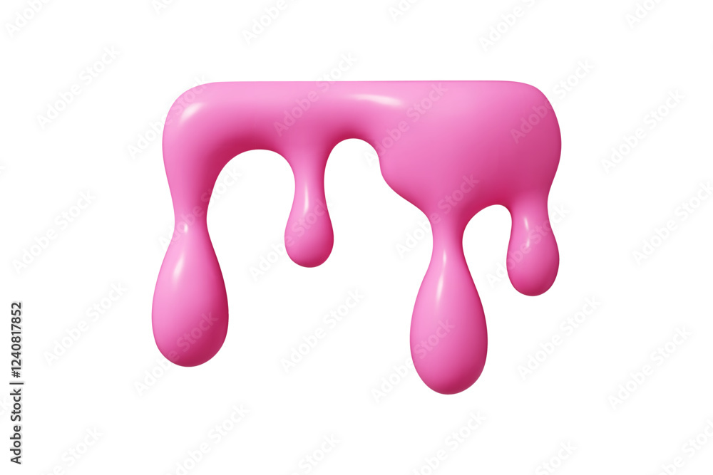 Poster flowing pink liquid 3d vector shape with dripping abstract blobs and smooth glossy surface. viscous 