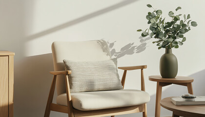 Beige wall background with a wooden armchair, coffee table, and a green plant in a vase, a minimalist interior design of a modern living room mock-up. 