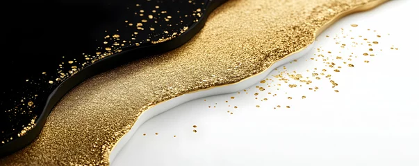 Rolgordijnen Elegant Gold and Black Abstract Art, Texture Splashes Across White Canvas, Creating a Luxurious Visual Experience. © Klahan