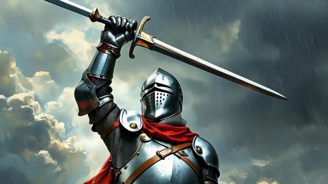 A heroic knight in armor raises a sword against a stormy backdrop.