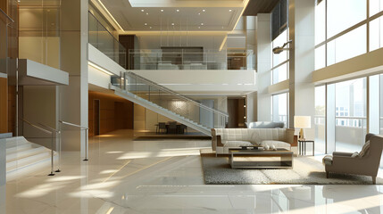 Obraz premium Modern interior of a spacious lobby with elegant furniture, large windows, and minimalistic design
