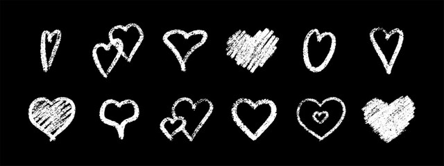 Chalk heart vector collection on black background. White sketchy romantic symbols designs with crayon texture and scratched patterns. Love elements for chalkboard art or valentine decorations.