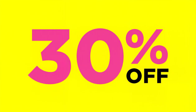 Bold 30% discount design on vibrant yellow background, promotional concept
