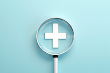 Fototapeta premium Magnifying Glass with White Plus Sign on Soft Blue Background for Medical and Health Concepts and Visuals