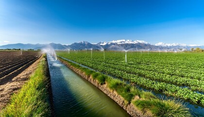 Obraz premium water flows through irrigation canals in a cultivated field nourishing rows of vibrant green crops under a clear blue sky with a majestic mountain range in the background