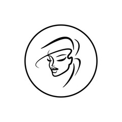 Logo beautiful girl for beauty salon. Icon in a circle black and white color drawn by hand. Face of a beautiful woman with stylish hairdo.