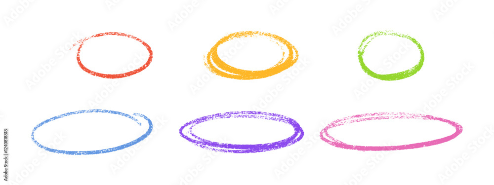 Poster crayon highlight multicolored oval frames. chalk textured shapes with grainy edges on white backgrou