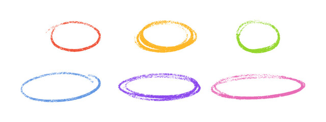 Crayon highlight multicolored oval frames. Chalk textured shapes with grainy edges on white background. Hand drawn ellipse elements with natural rough strokes for emphasis designs.