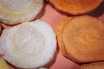 A macro shot of freeze-dried slices showcasing their deep, colorful hues, crunchy texture, and intricate patterns. Great for food, nutrition, and healthy snack themes.