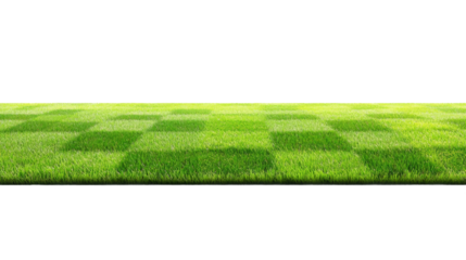 Lush green grass in a checkerboard pattern on a smooth landscape with transparent background for design